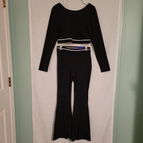 JoyLab Pants - JoyLab Black Two-Piece Crop Top & Flared Pants with White Trim